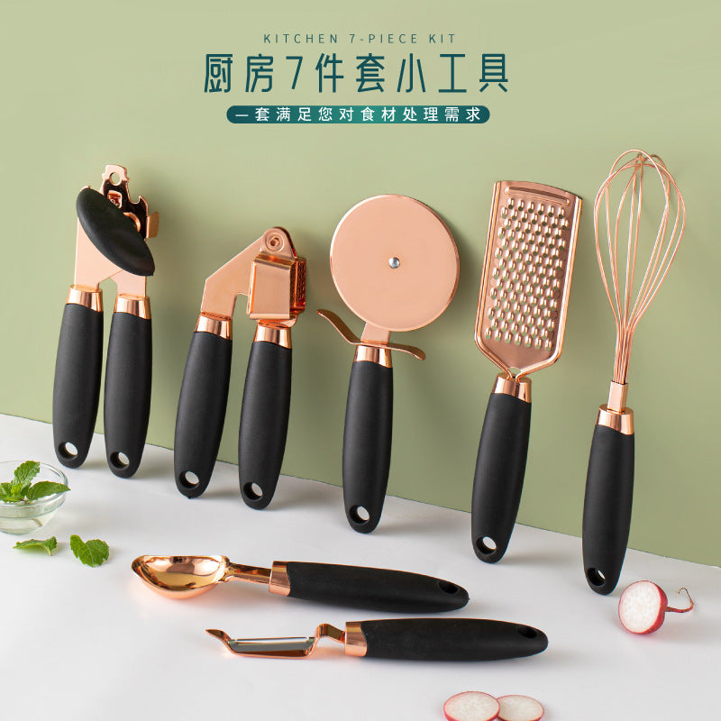 Stainless Steel Gadget Kitchenware Suit 7-piece Set Of Rose Gold Melon Shaved Ice Cream Spoon Bottle Opener Can Opener Egg Beater