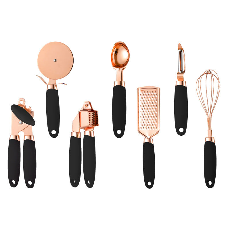 Stainless Steel Gadget Kitchenware Suit 7-piece Set Of Rose Gold Melon Shaved Ice Cream Spoon Bottle Opener Can Opener Egg Beater