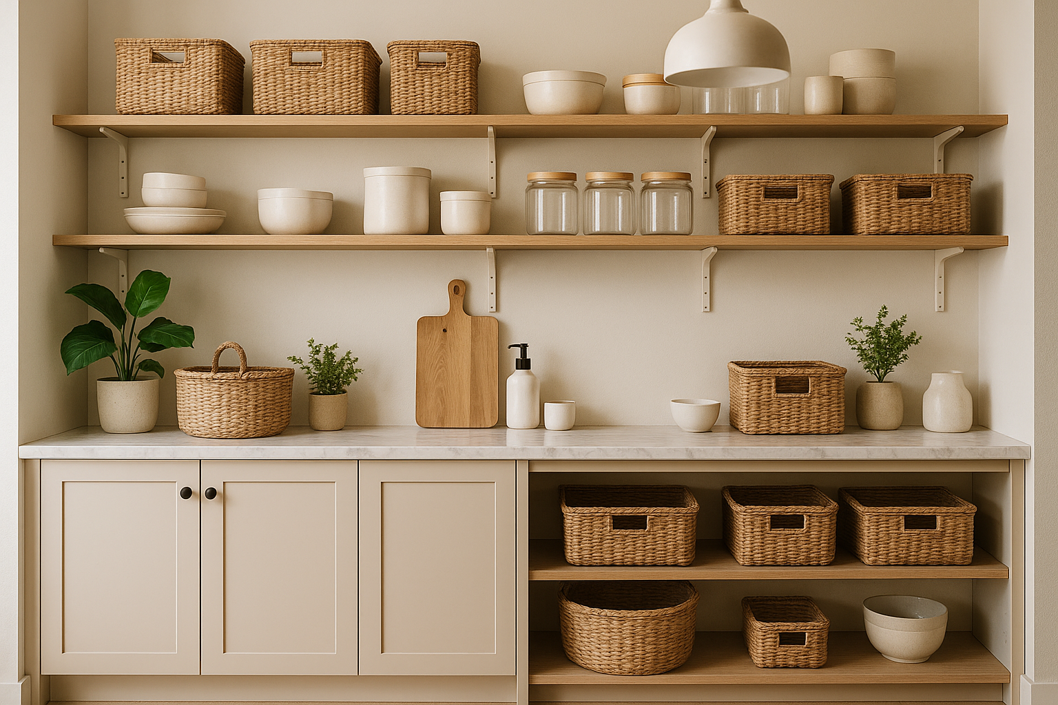 A beautifully organized home interior focusing on storage and organization. Neatly arranged shelves, baskets, and cabinets with minimal clutter in home store. Clean countertops with essentials in place, soft natural lighting, calming neutral tones, cozy and modern style. Realistic lifestyle photo, warm and inviting atmosphere, high-quality, showcasing an inspiring and practical storage solution for everyday living.