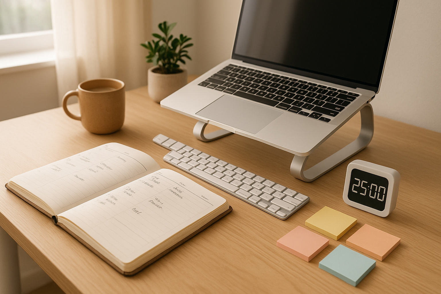 A bright, inspiring workspace featuring must-have productivity tools – planner, timer, wireless keyboard, sticky notes, and a laptop stand. Organized desk setup, modern aesthetic with cozy details, neutral tones, realistic photography.
