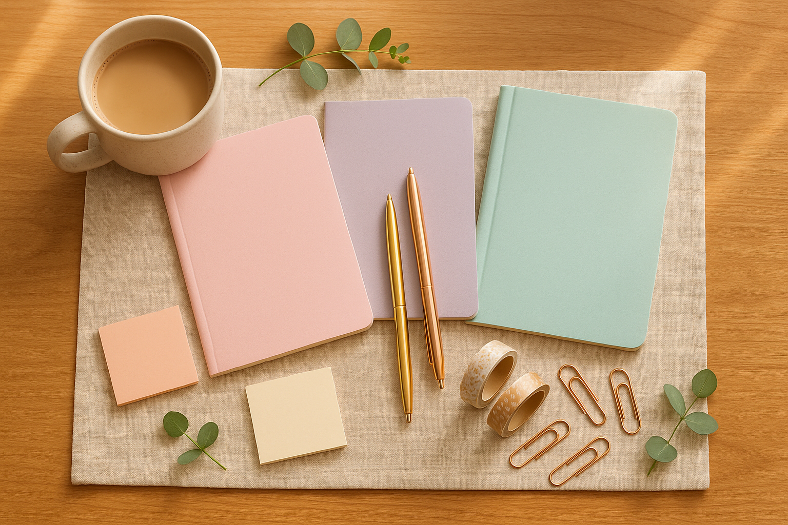 A flat-lay styled desk scene showcasing trending stationery – aesthetic pastel notebooks, luxury pens, sticky notes in soft colors, washi tapes, and elegant paper clips. Arranged neatly on a wooden desk surface with cozy textures like a linen fabric mat, ceramic mug with coffee, and small eucalyptus leaves. Bright natural lighting, stylish and Instagram-worthy look, premium lifestyle photo.