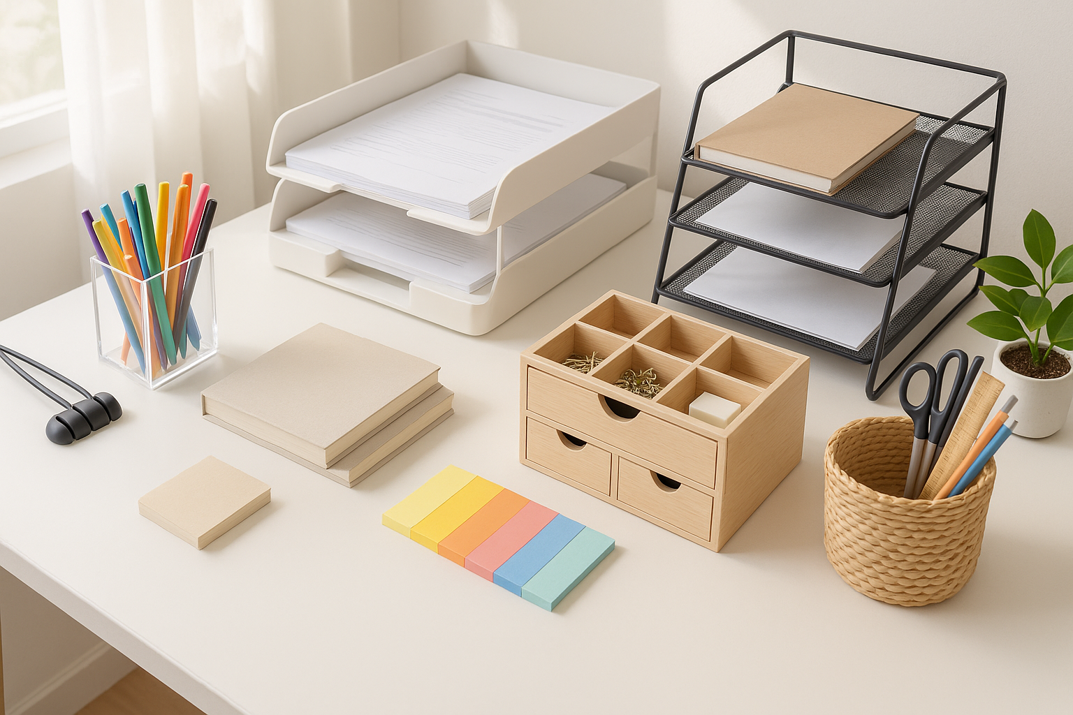 A neatly arranged work desk showcasing organizers – acrylic pen holder filled with pens, document trays with papers, cable organizers, drawer storage box, woven basket, and a multi-tier desktop shelf. Extra touches: stacked books, tidy sticky notes, and a plant pot for balance. Bright natural light, clean neutral tones, everything arranged neatly and centered for a thumbnail display.