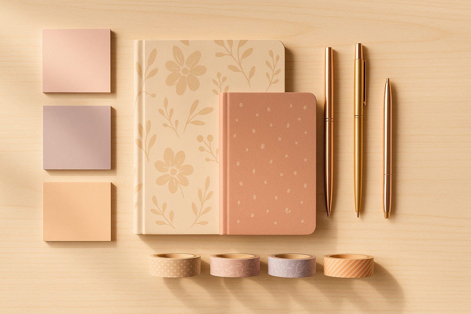 A stylish flat-lay of trending stationery – aesthetic notebooks, pastel sticky notes, elegant pens, and washi tapes. Neatly arranged on a modern desk with cozy minimalist vibes, warm tones, lifestyle photography, visually pleasing and Instagram-worthy.