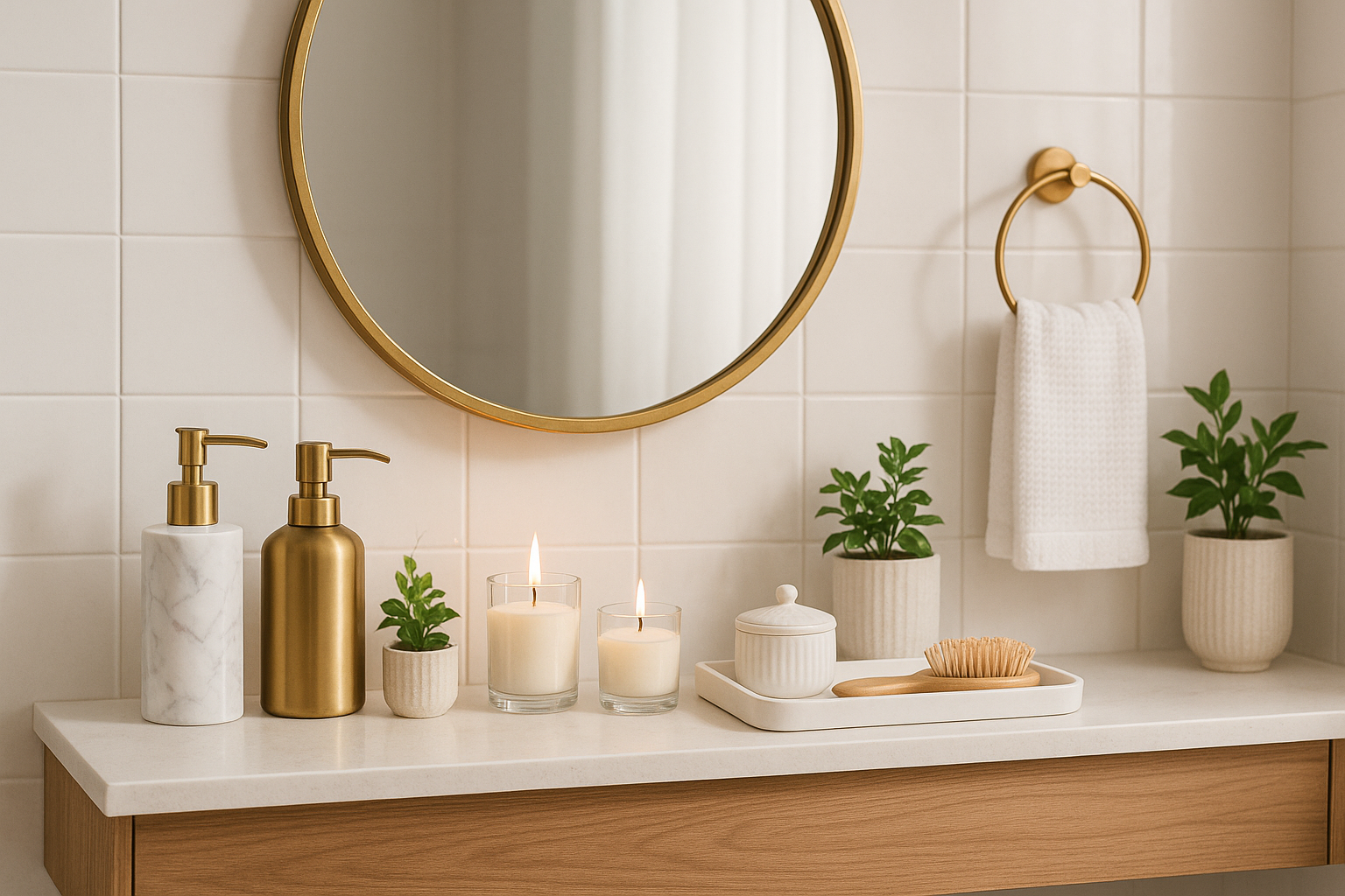 Bathroom Decor: Mirrors, dispensers, and accents that bring personality and elegance.