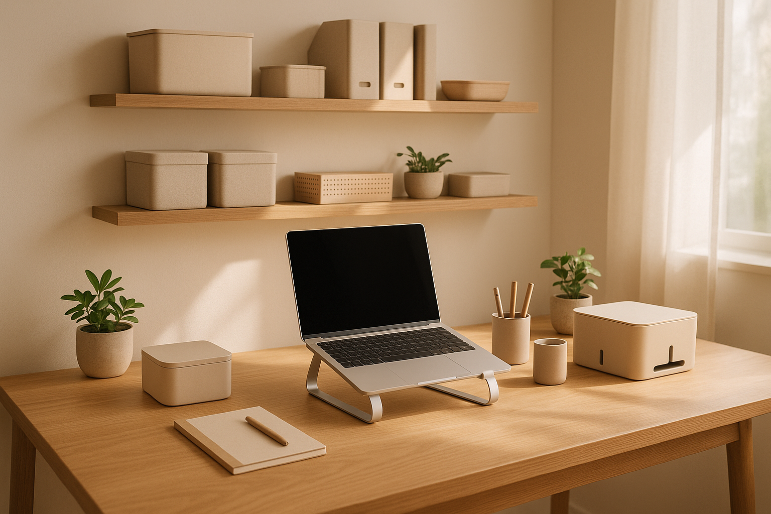 Modern home office setup with a clean wooden desk, neatly arranged organizers, pen holders, cable management boxes, and a stylish laptop stand. Neutral earthy tones, minimal yet cozy decor, soft natural lighting. Shelves with neatly arranged storage boxes and small plants adding freshness. Aesthetic, clutter-free, lifestyle photo that highlights organization and comfort, perfect for an e-commerce brand.