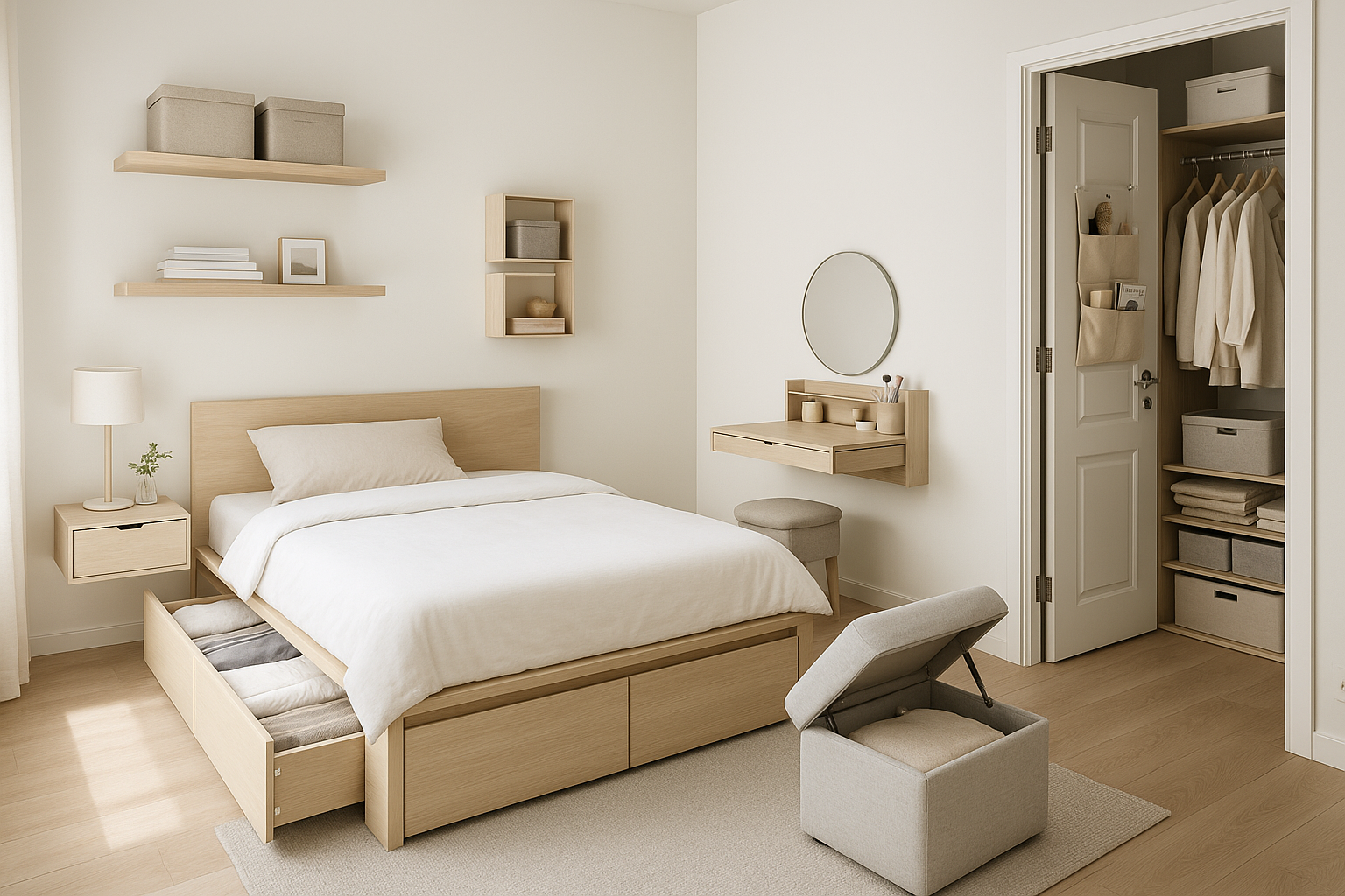 Space-Saving Solutions: Compact furniture, under-bed storage, and trending hacks for maximizing bedroom space.